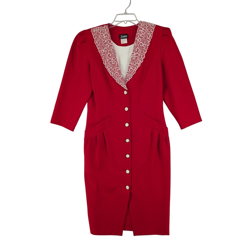 Vintage Sheath‎ Dress Women Size 10 Red Lace Collar Button Front 80s Elegant